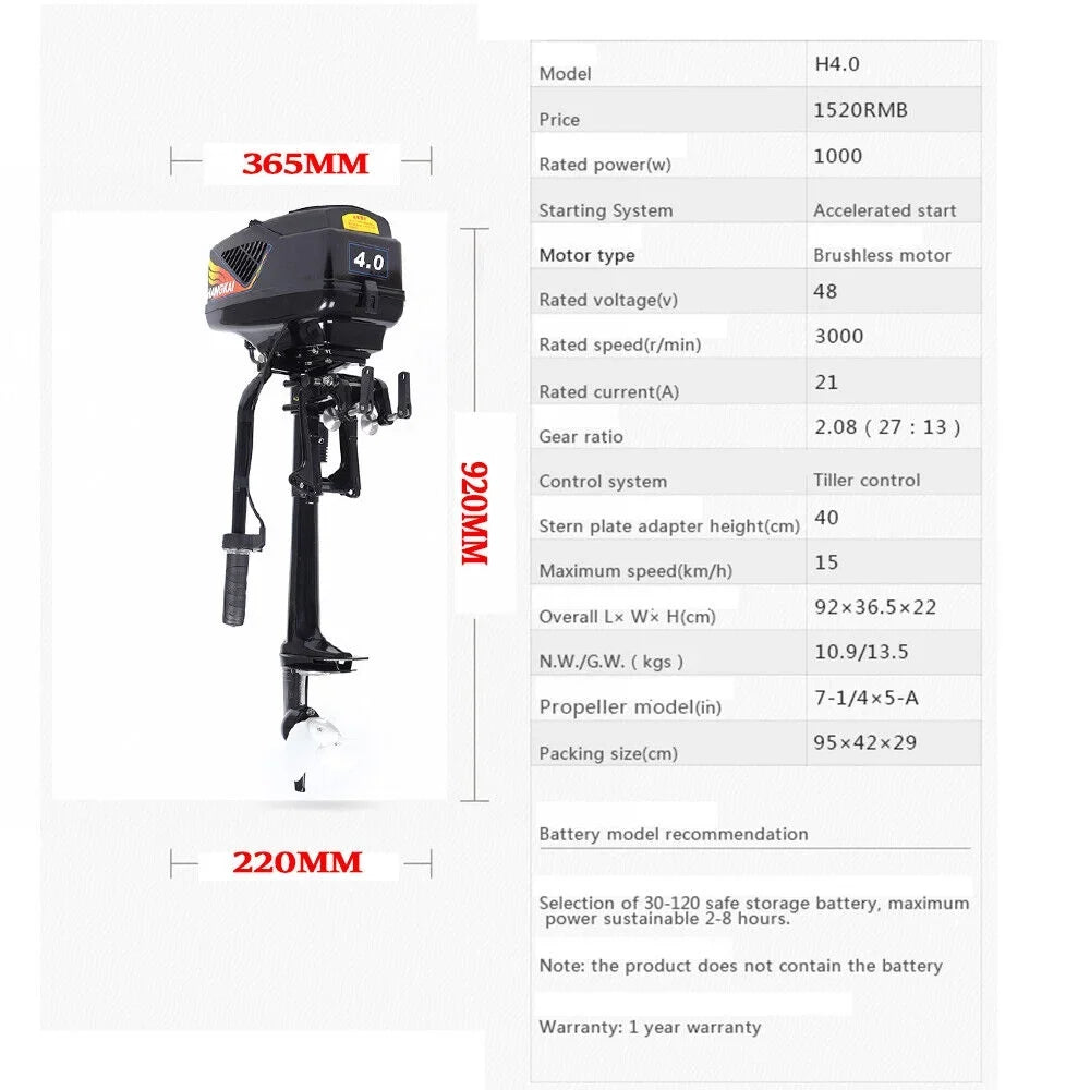 Miumaeov 1000W 4  Electric Outboard Motor Boat Engine Trolley Brushless Motor