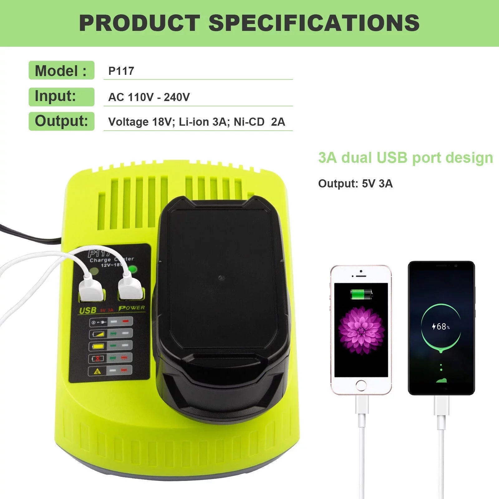 18V  Fast Charger For Ryobi  Li-ion Battery      Plug
