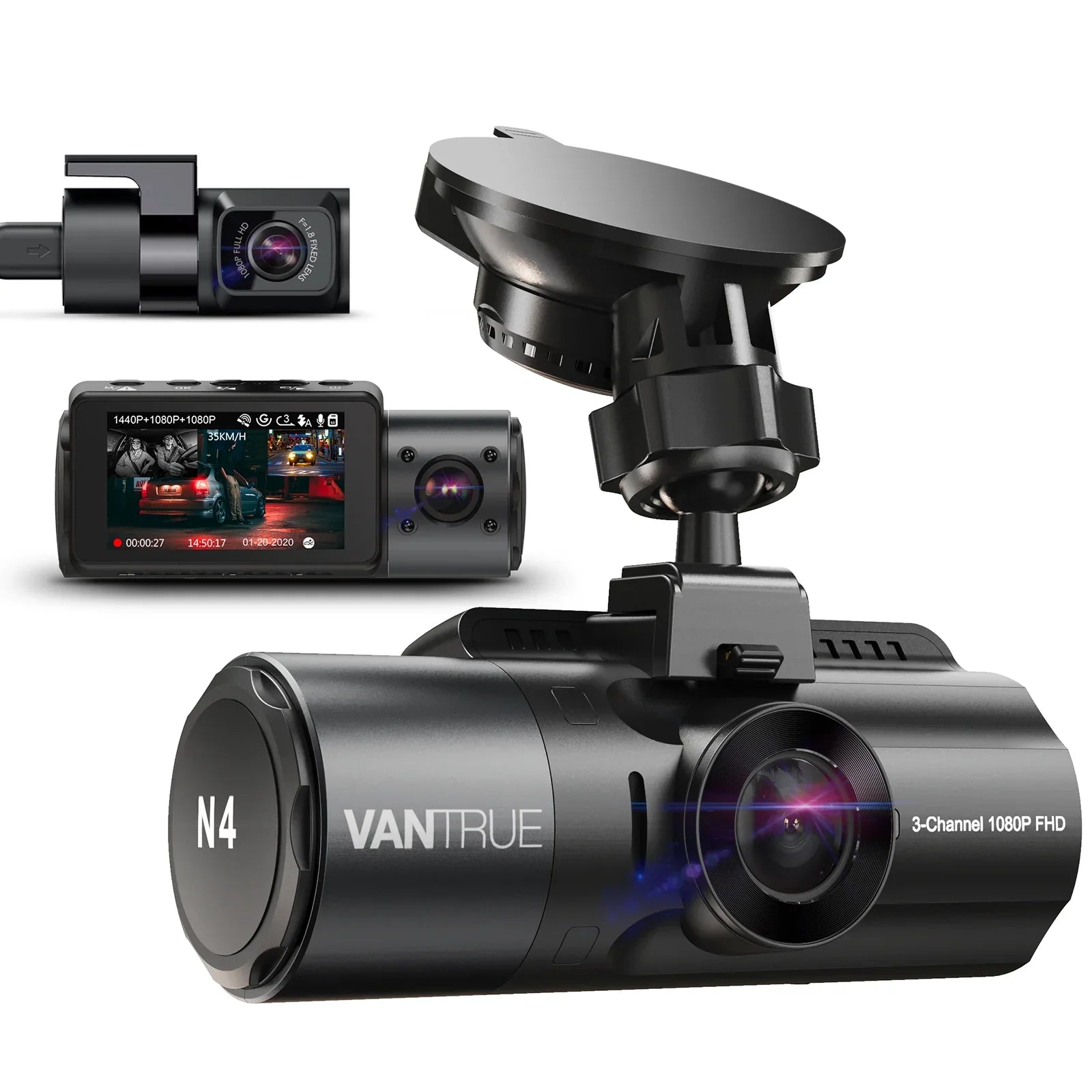 Vantrue  3 Channel 4K Dash Cam, 4K+1080P Front and Rear, 1440P+1440P Front and Inside, 1440P+1440P+1080P Three Way Triple Car Camera,  Night Vision, 24 Hours Parking Mode, Support 512GB Max