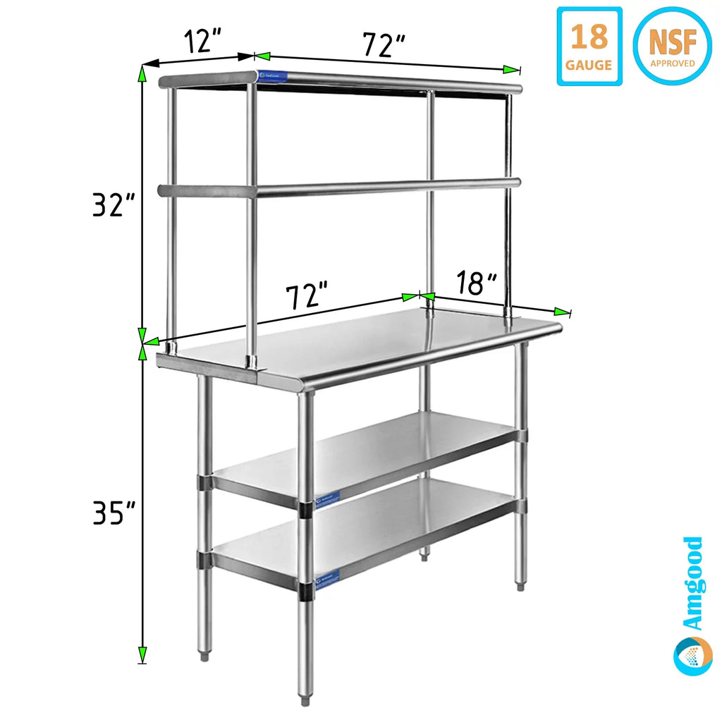 18" x 72" Stainless Steel Work Table With Two Shelves | 12" Wide Double Tier Overshelf | Metal Kitchen Prep Table & Shelving Combo