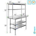 18" x 72" Stainless Steel Work Table With Two Shelves | 12" Wide Double Tier Overshelf | Metal Kitchen Prep Table & Shelving Combo
