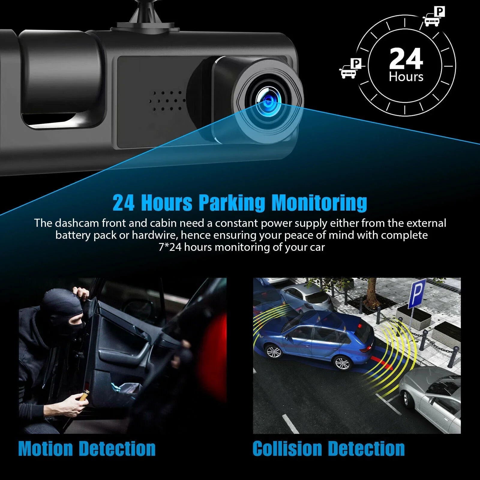 1080P Car Dual Dash Cam,  Front/Rear/Inside Dual Lens Dash Camera,  Video Recorder Camera with -sensor