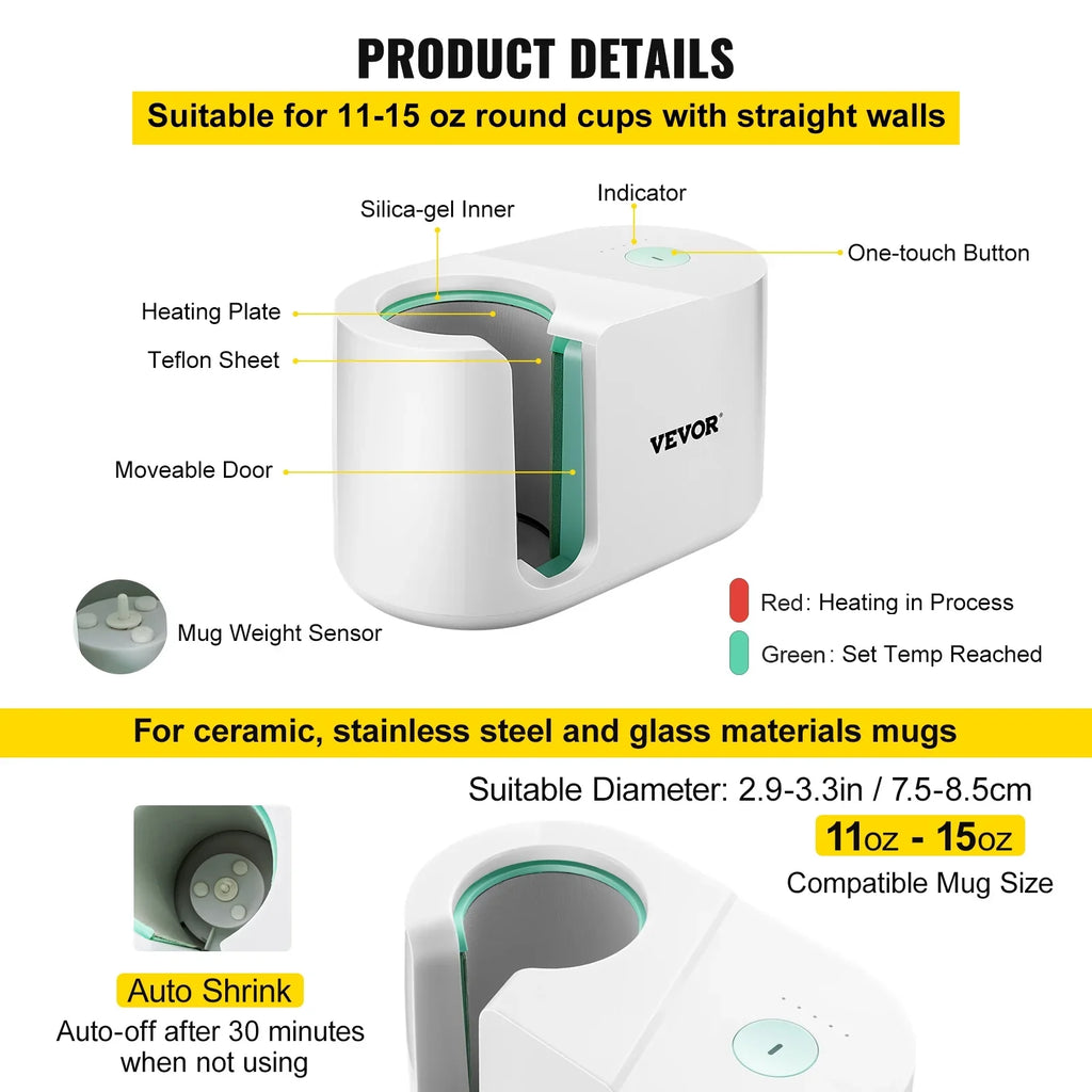 Mug Press Machine, Automatic Mug Heat Press 11-15oz, Cup Transfer Sublimation Portable Coffee Presser with One-touch Button, Pro Easy Mug Press Machine  Printing as Family Friends Presents Gi