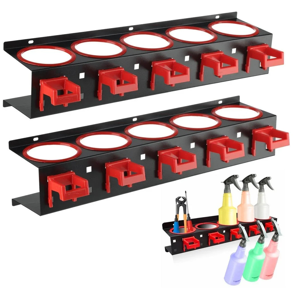 2Pcs Spray Bottle Storage Racks, Squeeze Bottle Holders, Wall Mount Organizers with 5 Holes & 5 Hooks, Auto Cleaning Detailing Tools Hangers, Car Beauty Shop Accessories