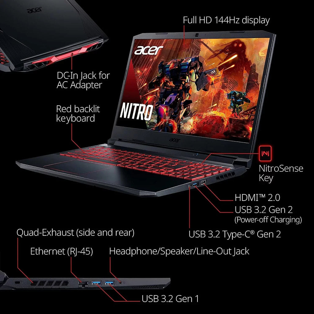 Acer Nitro 5 15.6-Inch 144hz  Gaming Laptop + High Quality 6ft  Cable +  Screen Cleaner + Wired Stereo Gaming Headset + Gaming Controller- Carbon Black