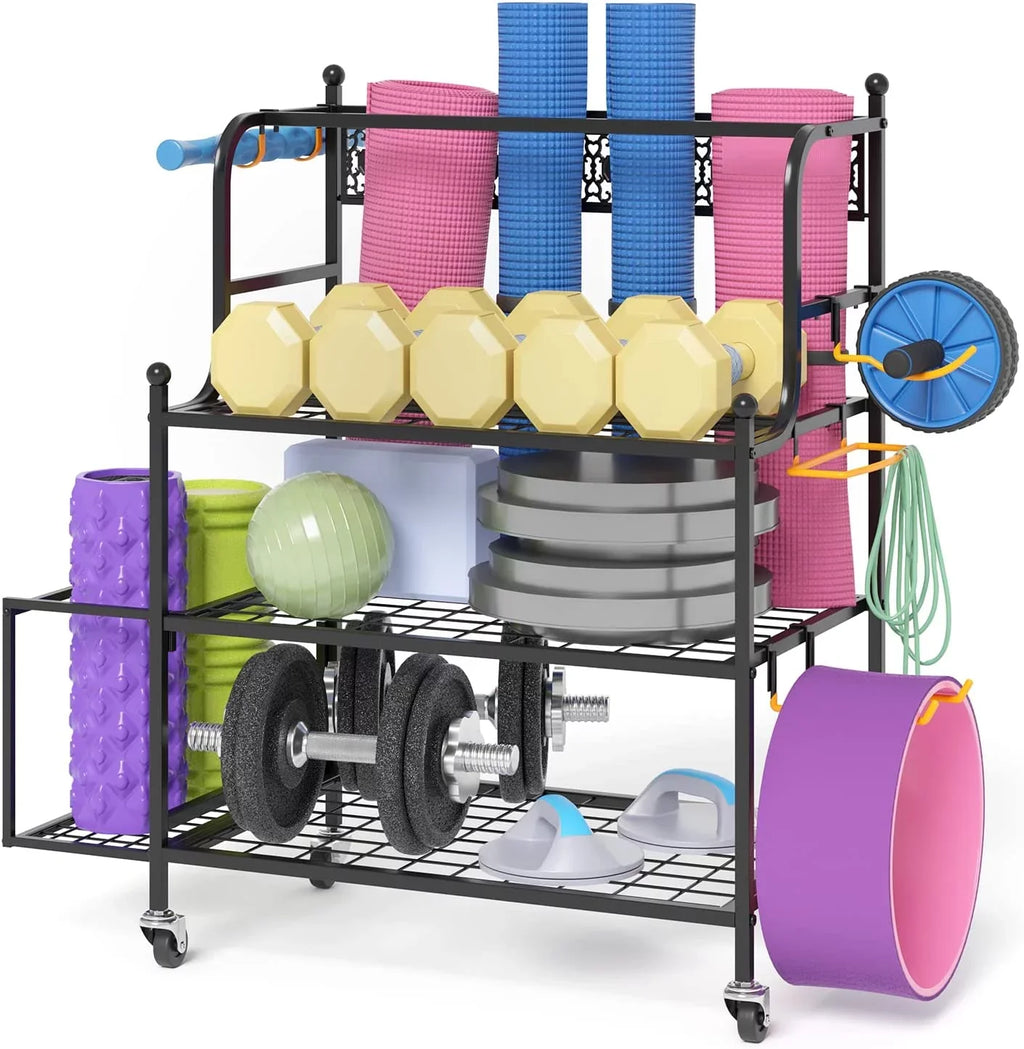 & Yoga Mat Storage Racks, Home Gym Storage Rack for Organizing Kettlebells Dumbbells Foam Roller, All-in-One Workout Equipment Storage Organizer with Hooks and Wheels, Yoga Strap and Resistance Band