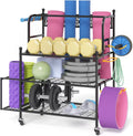 & Yoga Mat Storage Racks, Home Gym Storage Rack for Organizing Kettlebells Dumbbells Foam Roller, All-in-One Workout Equipment Storage Organizer with Hooks and Wheels, Yoga Strap and Resistance Band