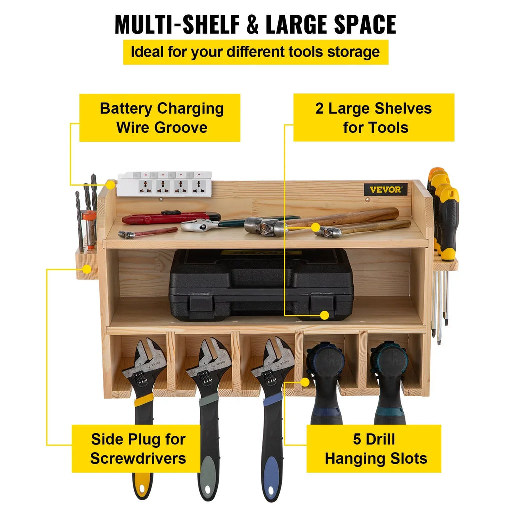 Wall Mount Drill Organizer, 5 Drill Slots, 2-Shelf Tool Storage, Polished Wood