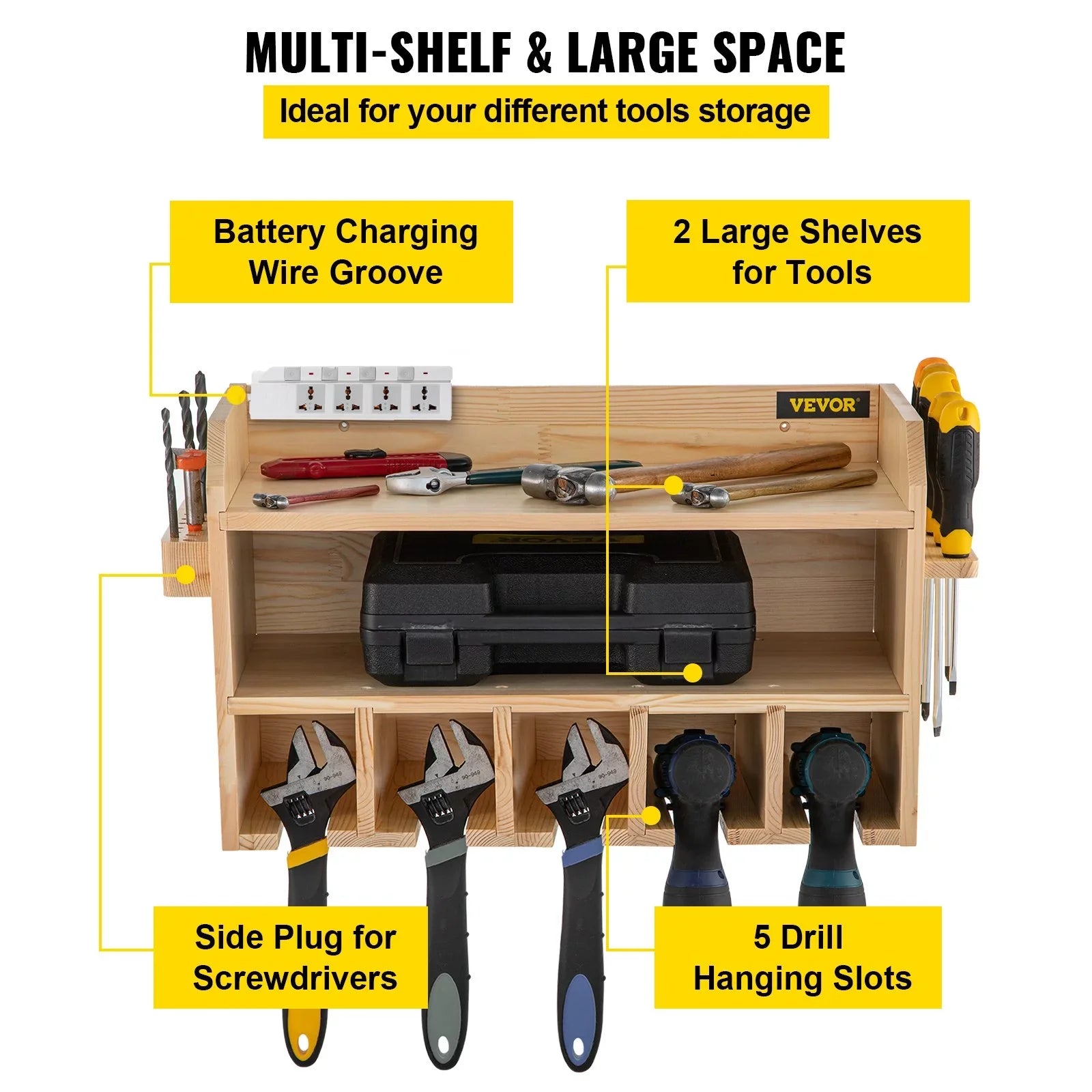 Wall Mount Drill Organizer, 5 Drill Slots, 2-Shelf Tool Storage, Polished Wood