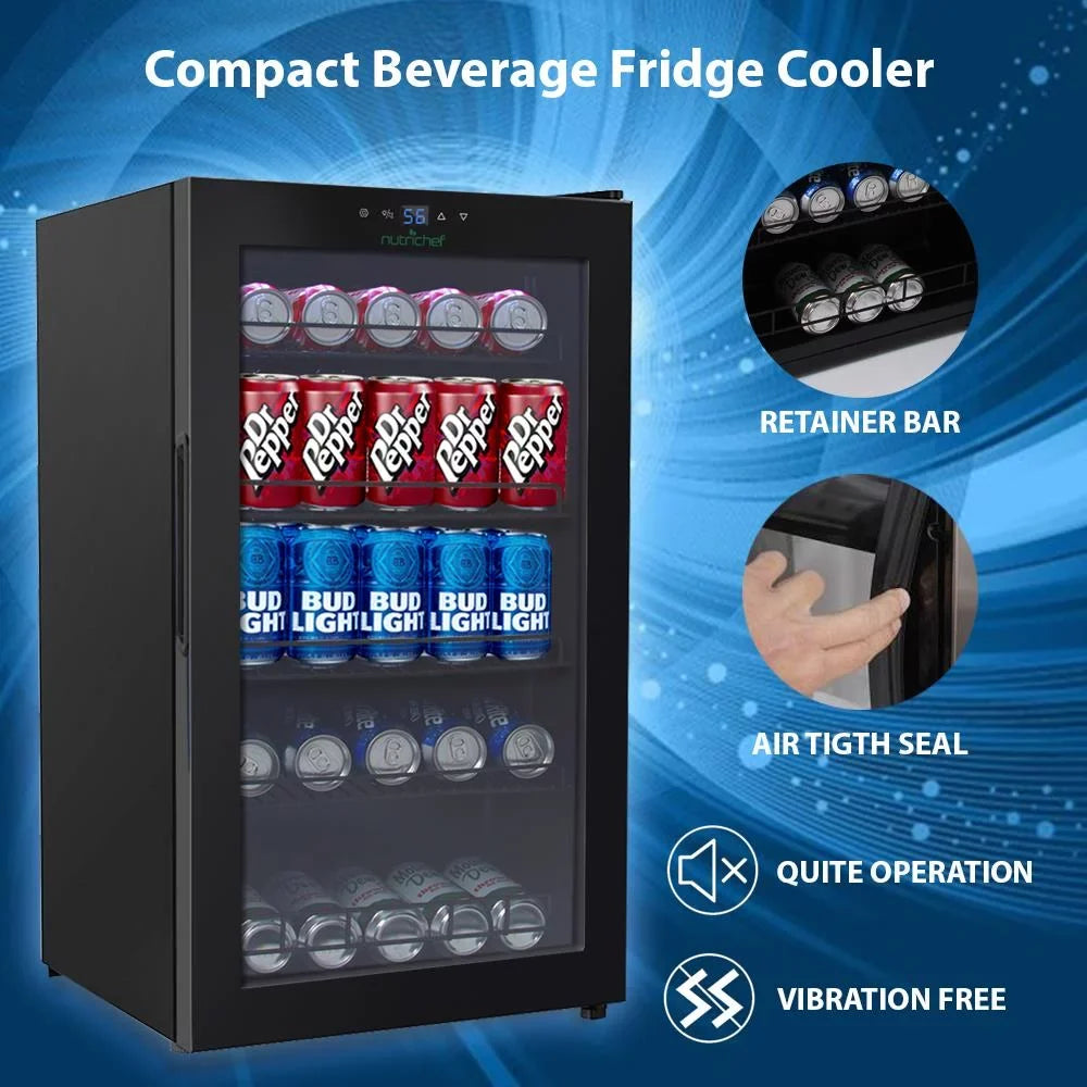 Nutri Chef  Compact Beverage Fridge Cooler, Can Beverage Chiller Refrigerator (132 Can Capacity), 20.1’’ x 18.5’’ x 34.7’