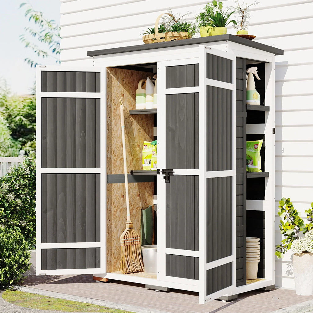 Homiyad Outdoor 5.5ft Hx4.1ft  Wood Storage Shed, Garden Tool Cabinet with Waterproof Asphalt Roof, Four Lockable Doors, Multiple-Tier Shelves, White and Gray