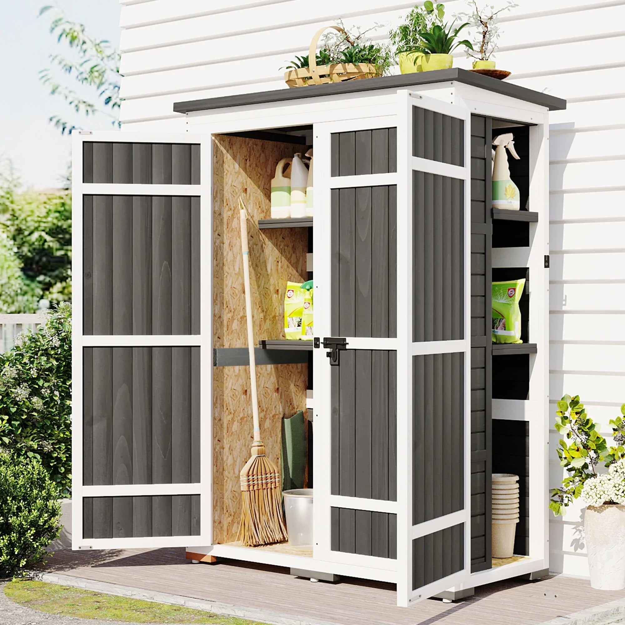 Homiyad Outdoor 5.5ft Hx4.1ft  Wood Storage Shed, Garden Tool Cabinet with Waterproof Asphalt Roof, Four Lockable Doors, Multiple-Tier Shelves, White and Gray
