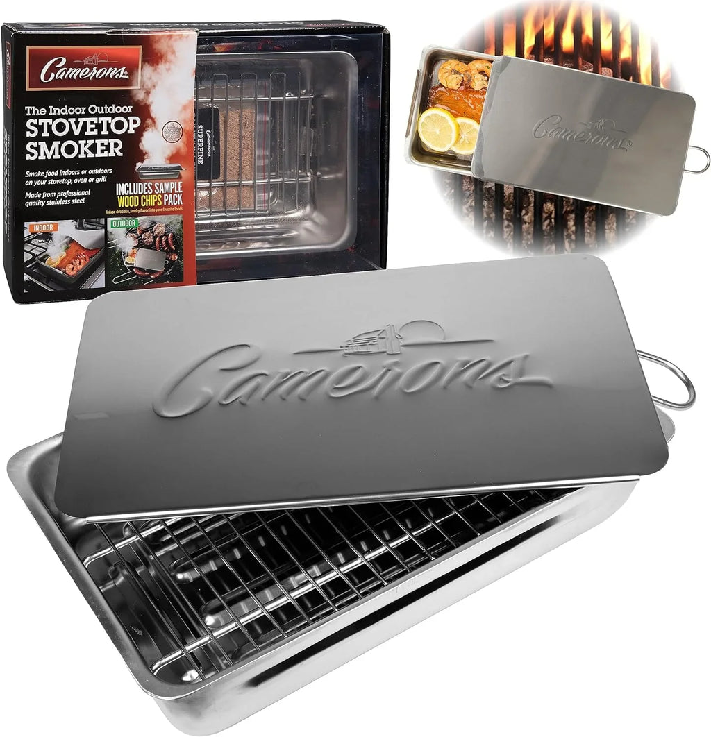 (2 pack) Camerons Indoor Outdoor Stovetop Smoker - Stainless Steel Barbecue Smoker Box w/ Oak Wood Chips & Recipes - Works On Any Heat Source, Stovetop or  Grill for Smoking Meats - Grilling Gift for Men