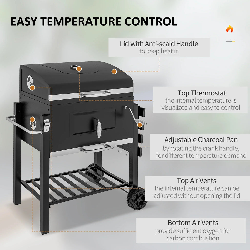 Homiyad Charcoal  Grill, Outdoor Portable Cooker for Camping Or Backyard Picnic with Side Table, Bottom Storage Shelf, Wheels and Handle, Black