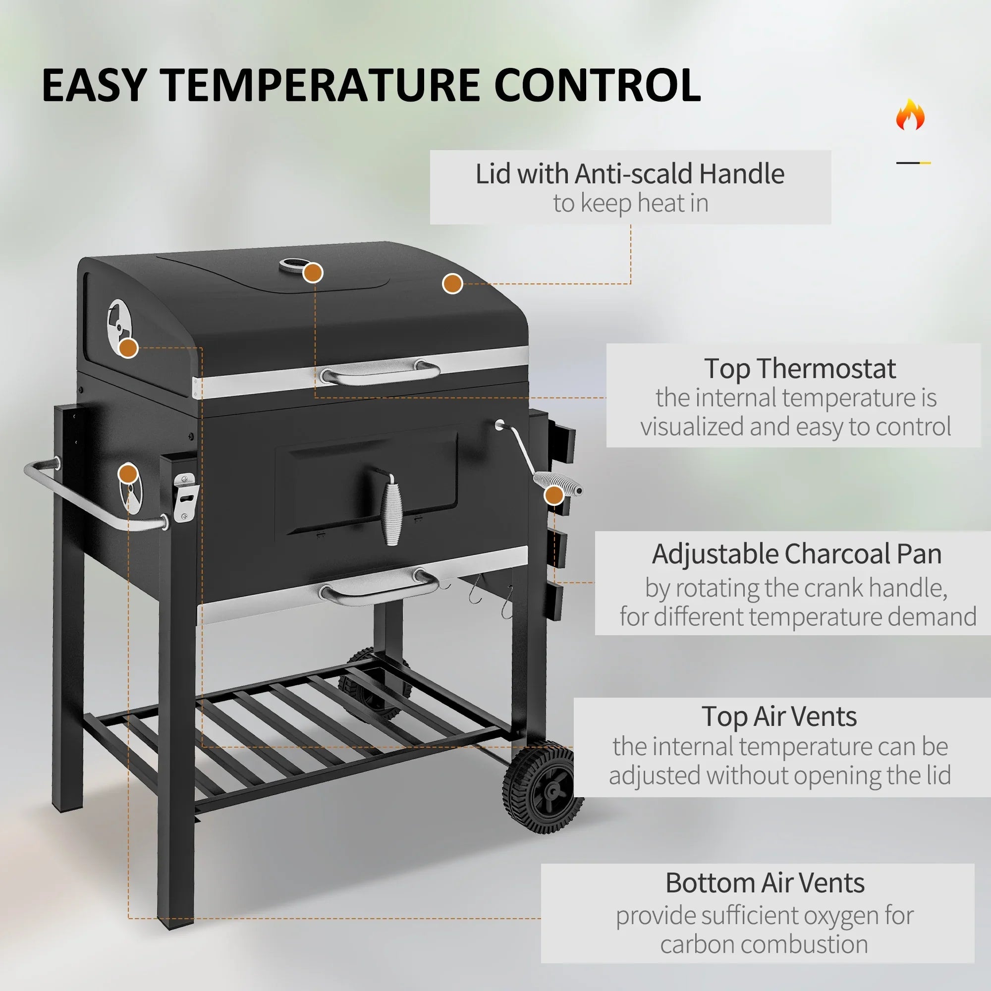Homiyad Charcoal  Grill, Outdoor Portable Cooker for Camping Or Backyard Picnic with Side Table, Bottom Storage Shelf, Wheels and Handle, Black