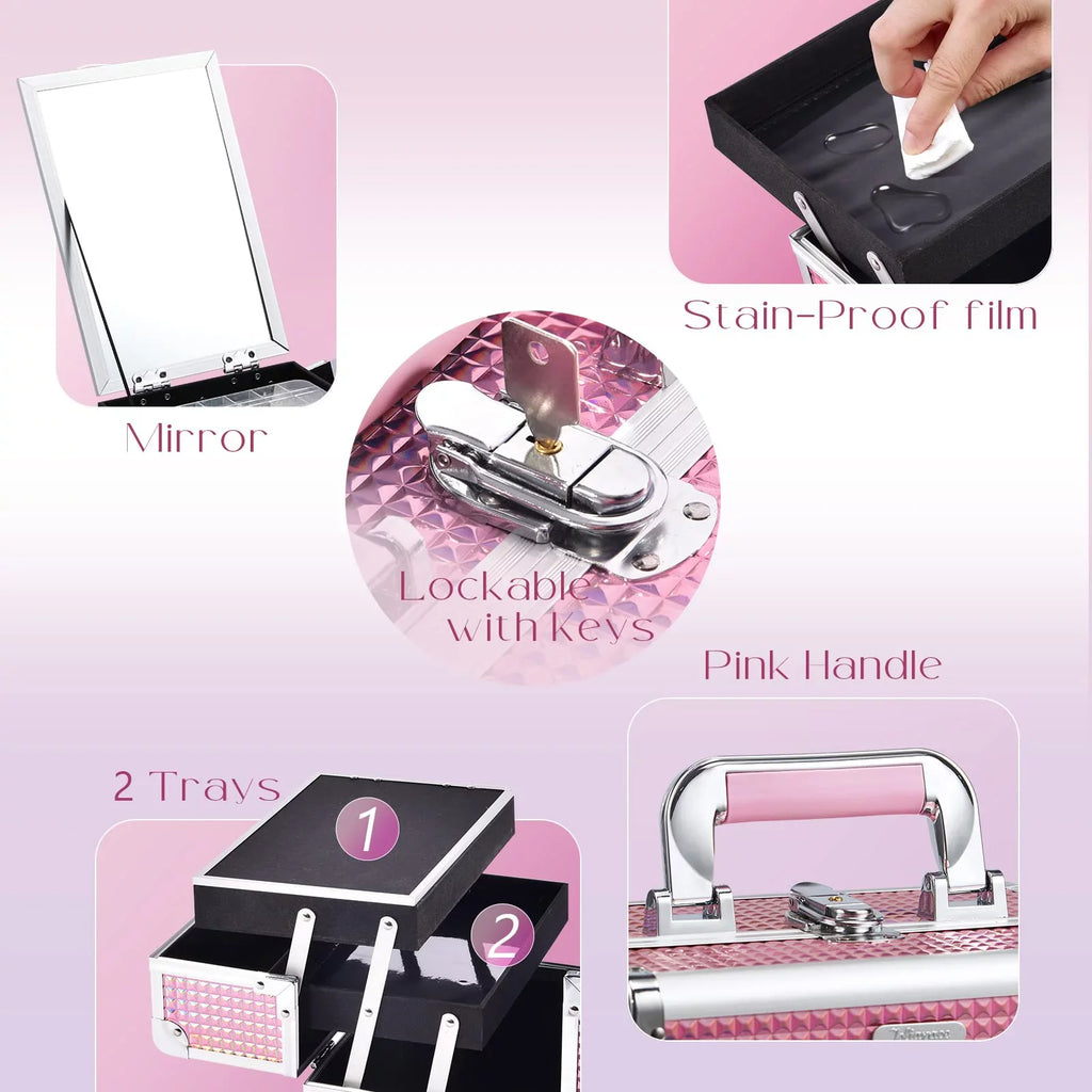Joligrace Makeup Train Case Cosmetics Box with Mirror Lockable 2 Trays Makeup Case Organizer