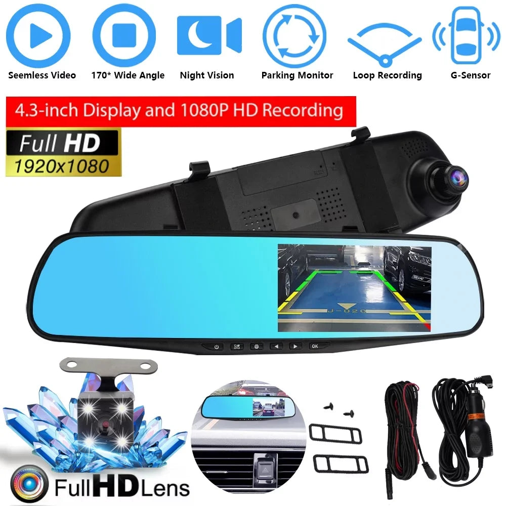 4.3"  1080P Dual Lens Car ，Dash Cam Video Camera Recorder Rearview Mirror