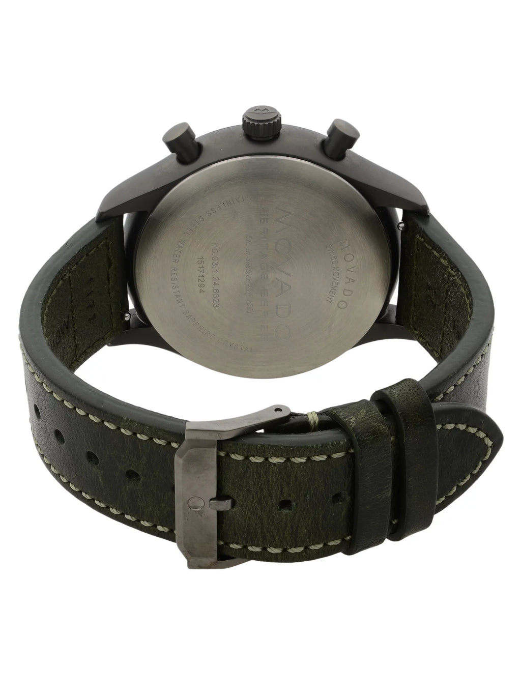 Movado Heritage Gunmetal Steel Green Leather Black Dial Quartz Watch 3650029 Pre-Owned