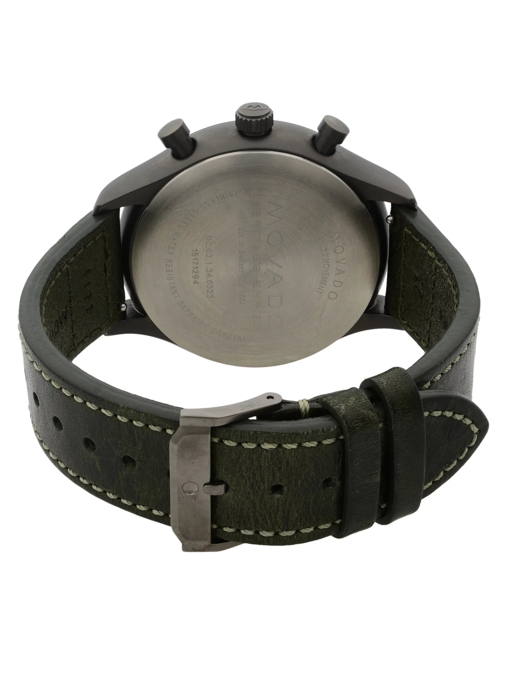 Movado Heritage Gunmetal Steel Green Leather Black Dial Quartz Watch 3650029 Pre-Owned