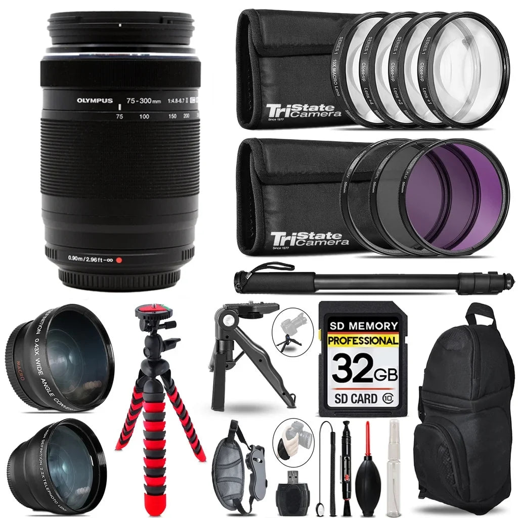 Olympus .Zuiko Digital  75-300mm f/4.8-6.7  Lens- 3 Lens Kit + Tripod + Backpack - 32GB Accessory Bundle