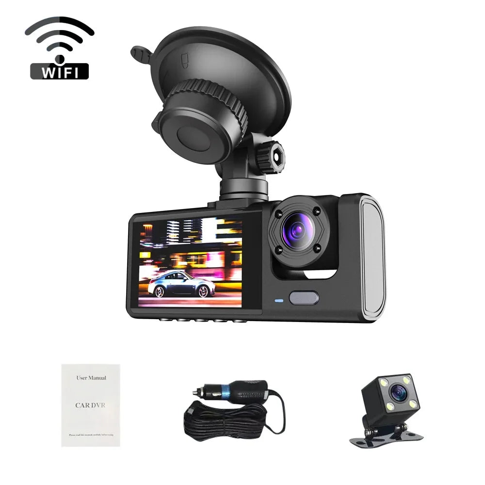 1080P  Dash Camera Front & Inside & Rear Camera Driving Recorder 2 Inch Screen Dashcam Support Night-Vision Loop Recording One-Key Lock WiFi version