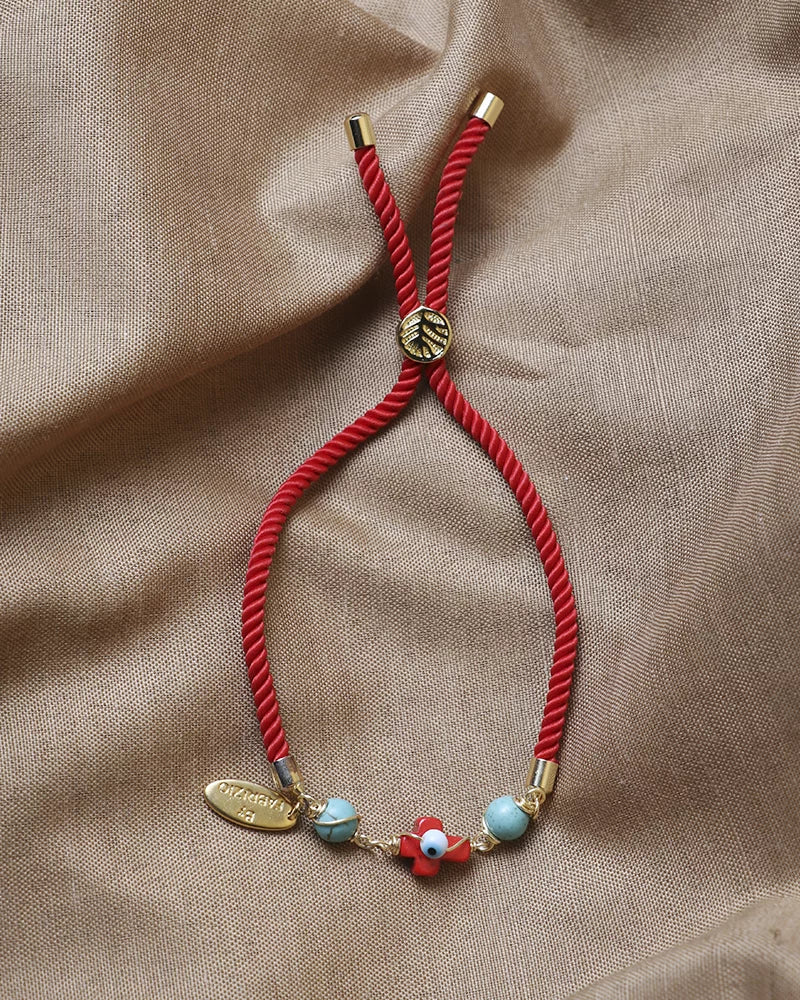 By Fabrizio Design Red Capri Adjustable Bracelet in Turquoise with Cross Charm and Murano Eye for Adult Females