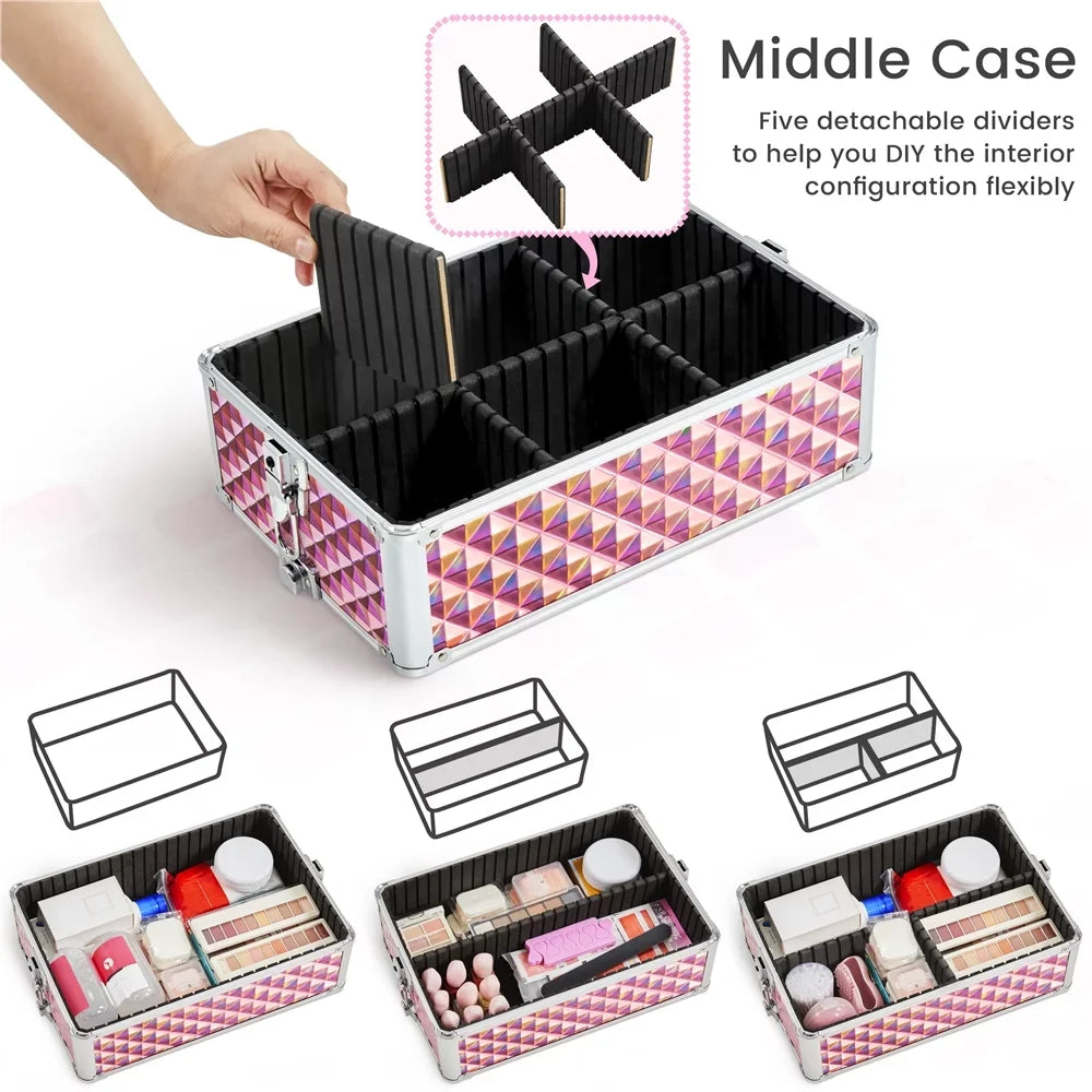 Topeakmart 3-in-1 Rolling Makeup Train Case Cosmetic Trolley with Large Storage, Pink
