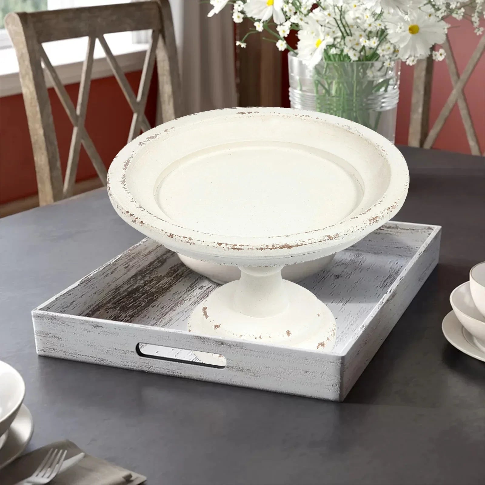 Farmhouse Wood Round Cake Stand for Table Decoration 11"x 7", Distressed Finished White
