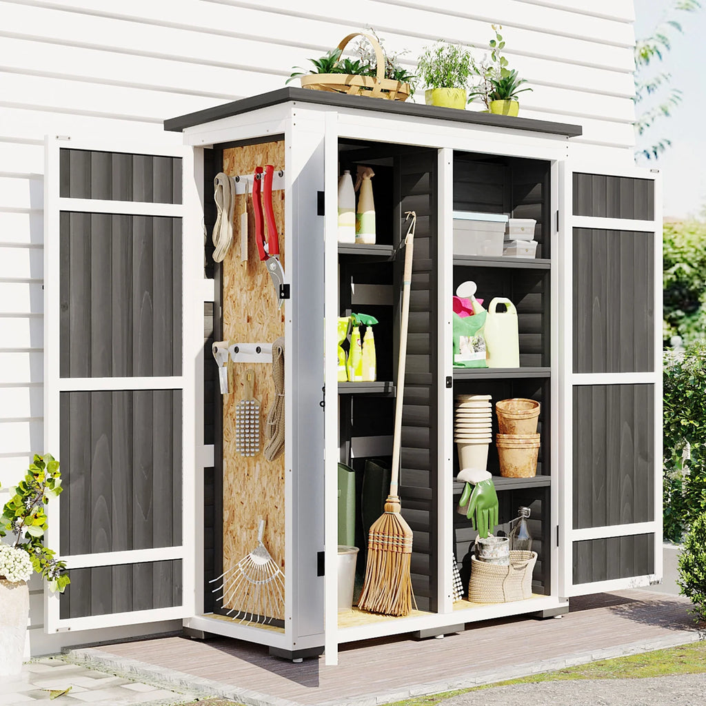 Homiyad Outdoor 5.5ft Hx4.1ft  Wood Storage Shed, Garden Tool Cabinet with Waterproof Asphalt Roof, Four Lockable Doors, Multiple-Tier Shelves, White and Gray