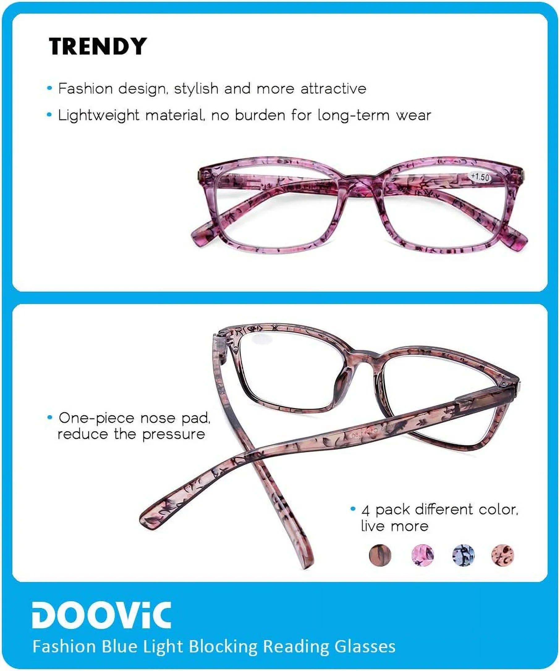 DOOViC 4 Pack Computer Reading Glasses Blue Light Blocking Anti Eyestrain Spring Hinge Stylish Readers for Women 1.25 Strength
