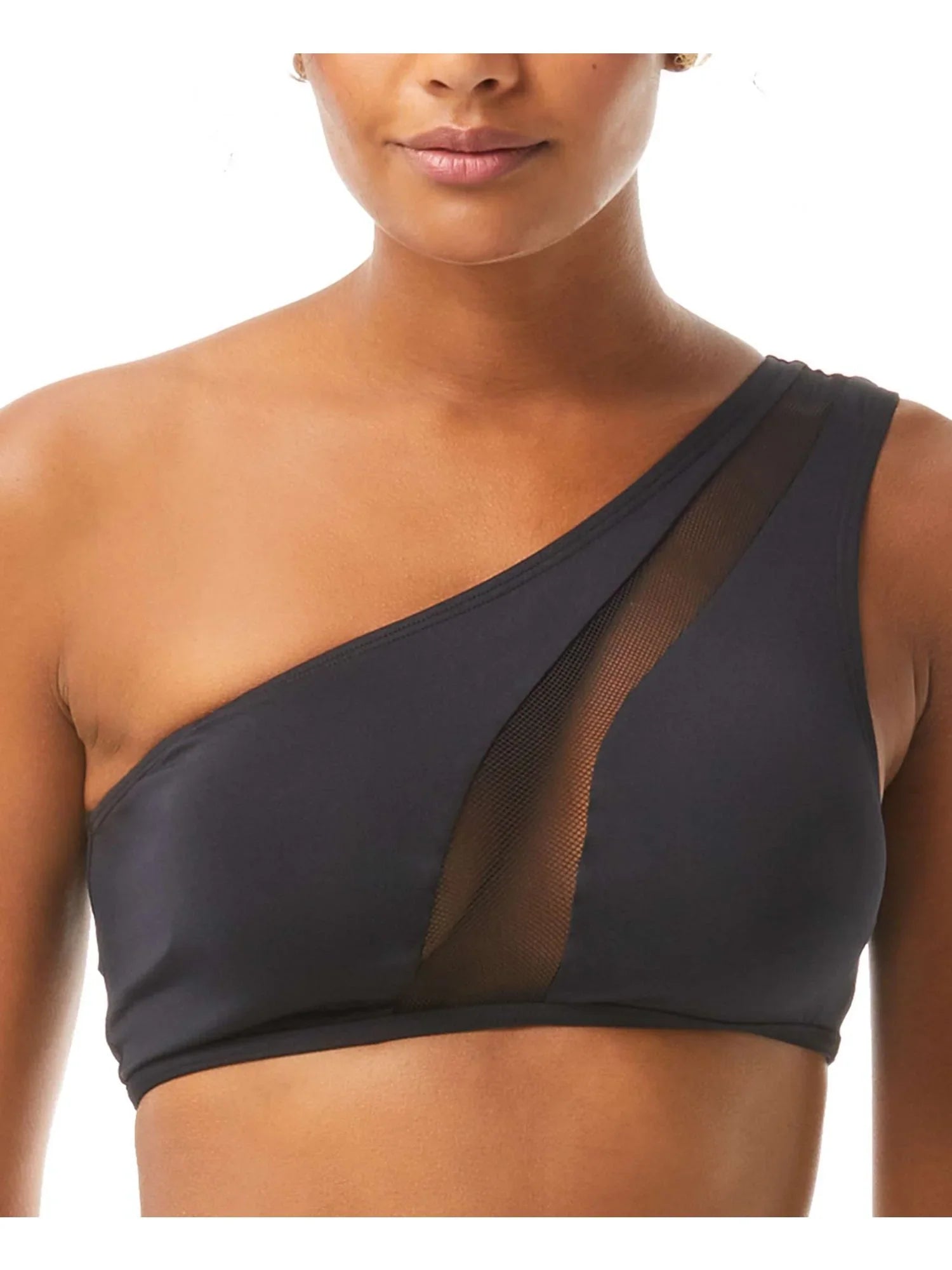 Women's Black Stretch Lined      Bikini Mesh One Shoulder Swimsuit Top