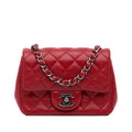 Pre-Owned Authenticated Chanel Mini Classic Lambskin Square Single Flap Leather Red Crossbody Bag Unisex (Good)