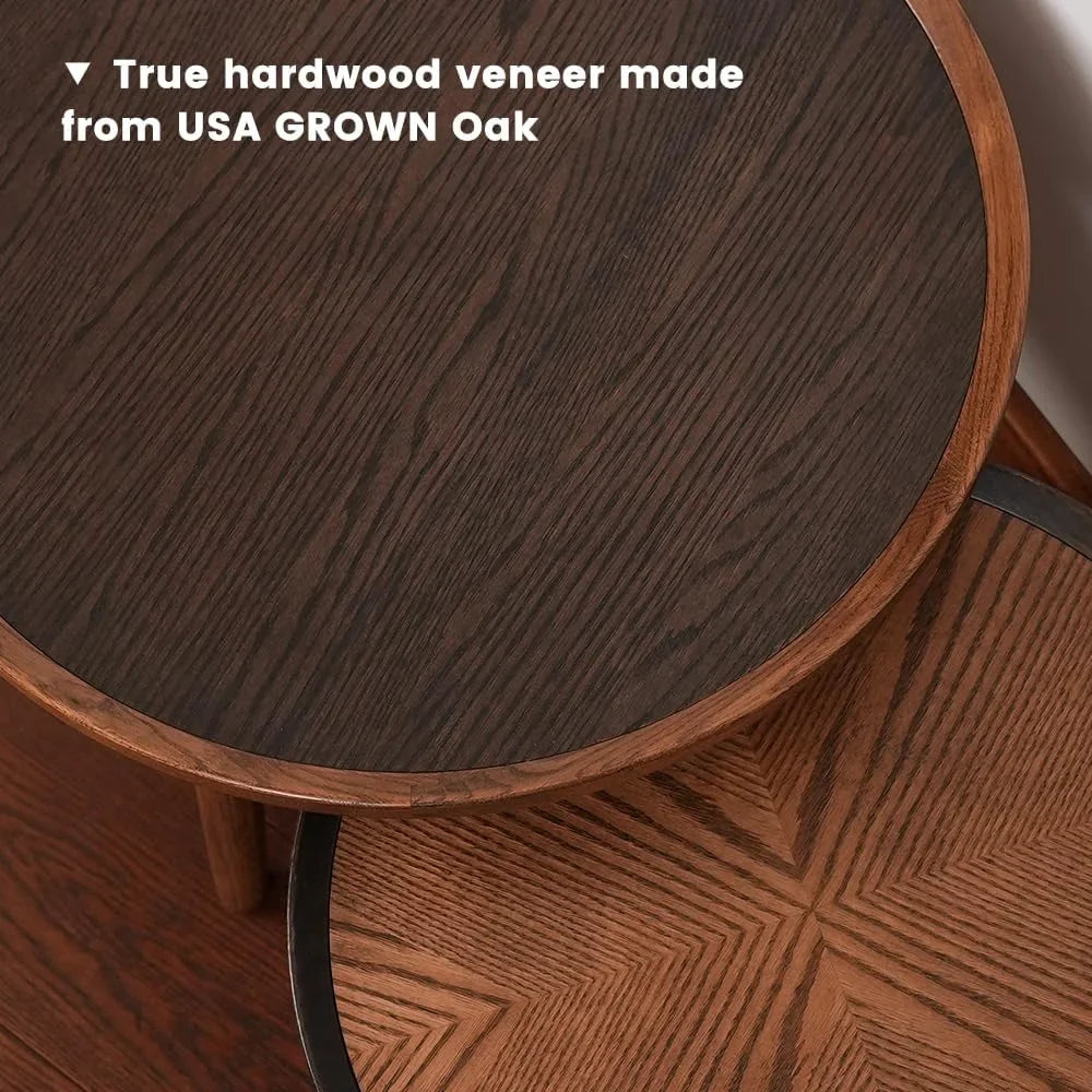 Nesting Table, Solid Oak Hardwood Structure Round Coffee Table & Side Table with Solid Wood Feet for Living Room, Bedroom, Balcony - Standard