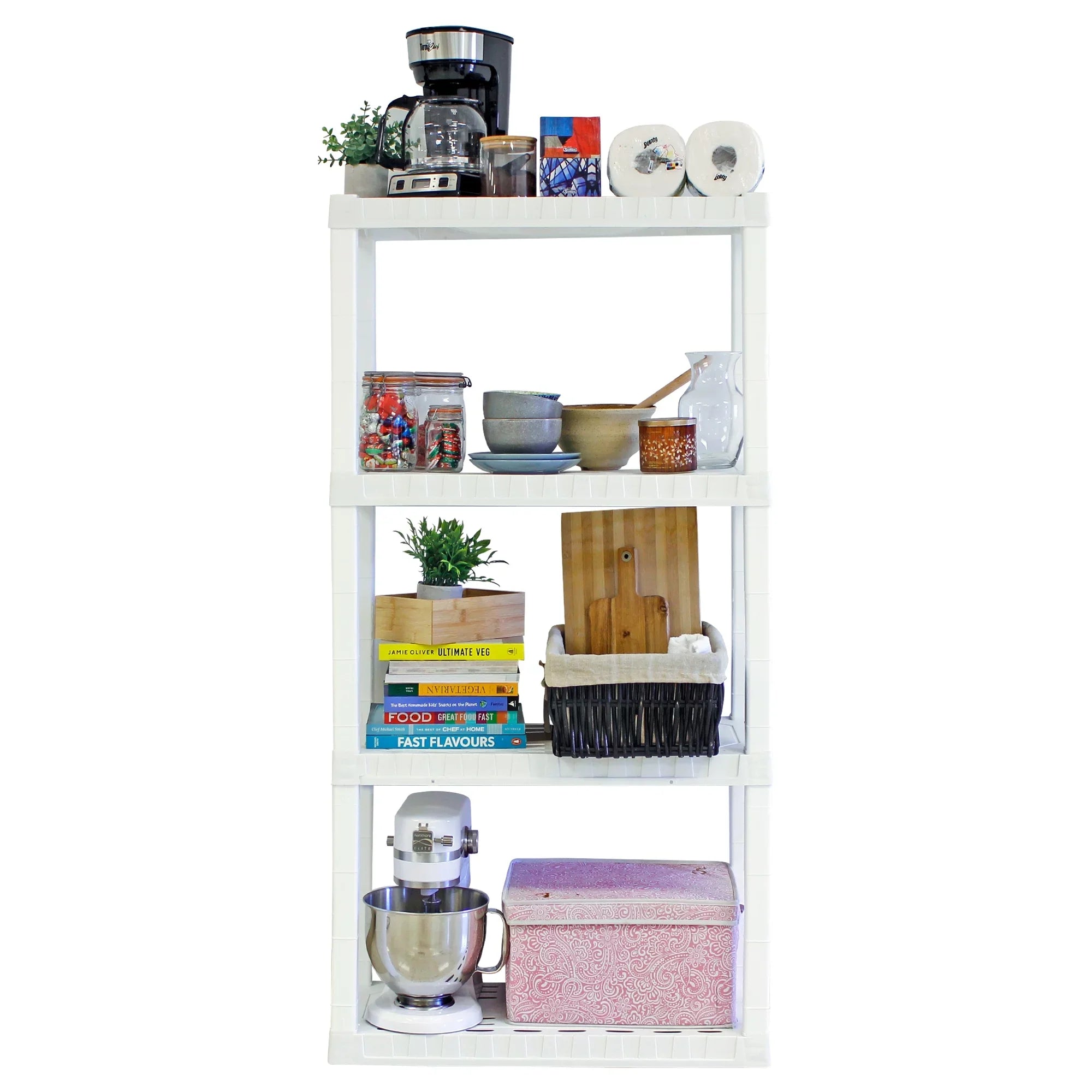 Hyper Tough 4-Tier Shelving Unit,  x  x " Multipurpose Home Storage Plastic Shelf Organizer, White