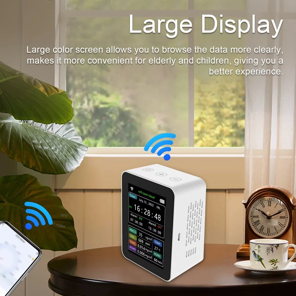 Carevas WiFi Intelligent Air Quality Detector .5    Humidity 6 In 1 Detector Time Date Week Display Mobilephone  Remotes Viewing 2 Sets Alarm Home Indoor Desktop Air Quality Moni