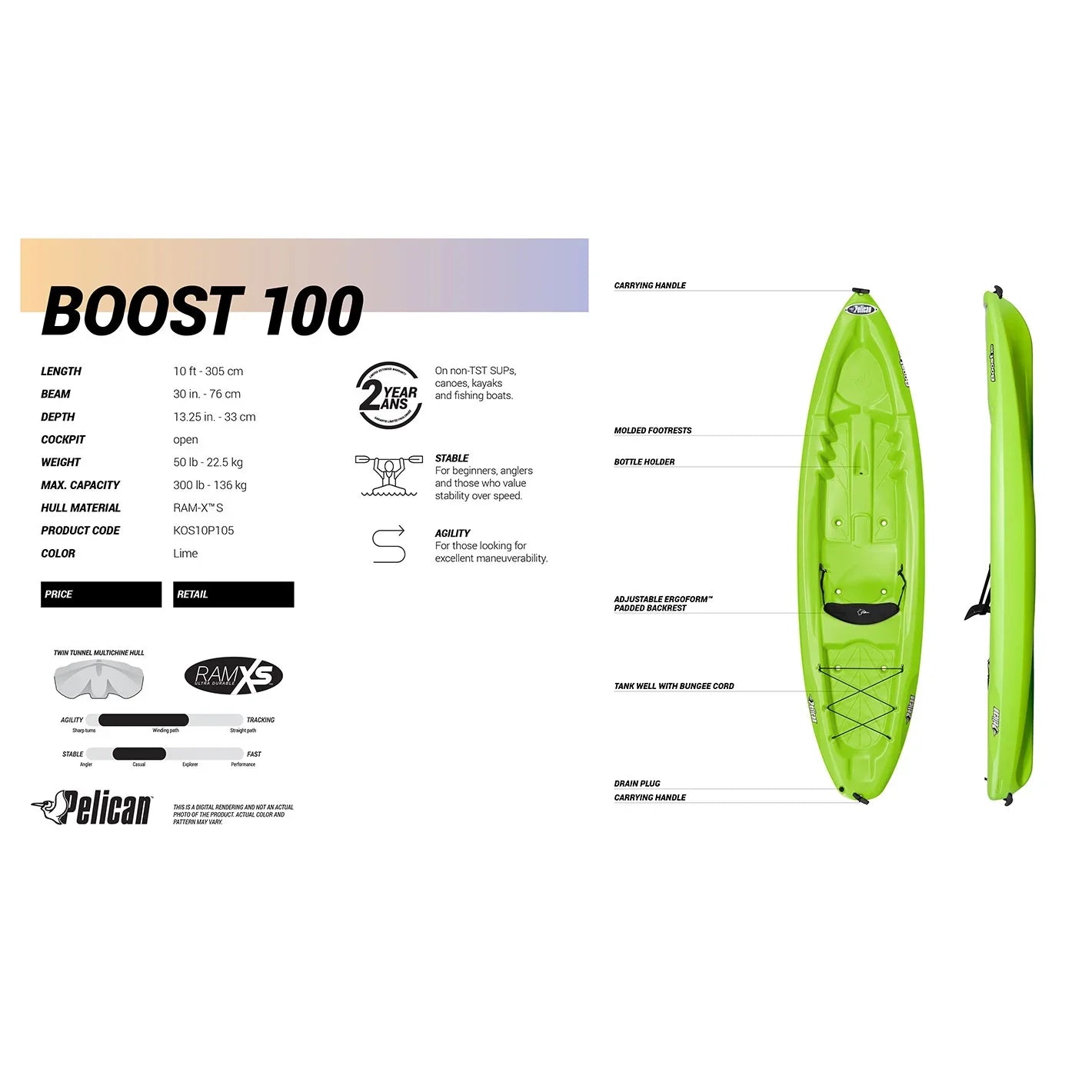 Pelican Boost 100 10ft Sit On Top Kayak, Green