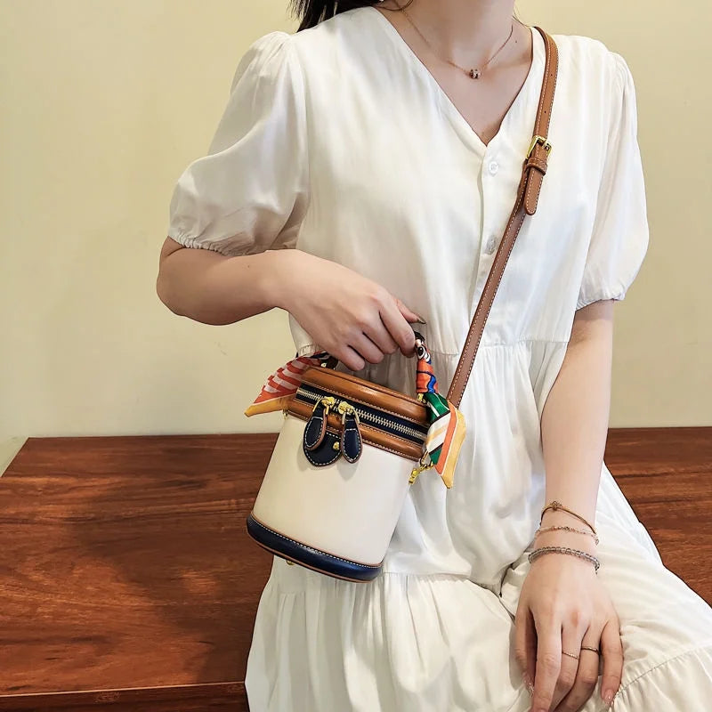 moocr Shoulder Cylinder Bucket Bag  Scarf Decor Top Handle Bag  Stylish Crossbody Purse For Women