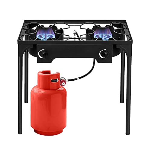Outvita 2 Burner Propane Gas Stove for Outdoor Cooking, 150,000  Camping Cooker with Removable Legs, Temperature Control Knobs for Backyard Cooking, , Baking and Frying