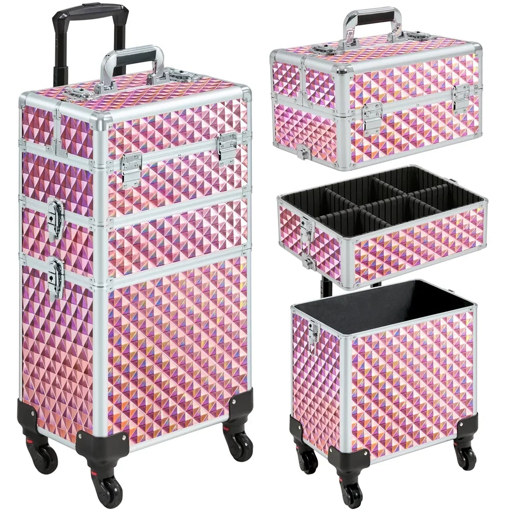 Topeakmart 3-in-1 Rolling Makeup Train Case Cosmetic Trolley with Large Storage, Pink