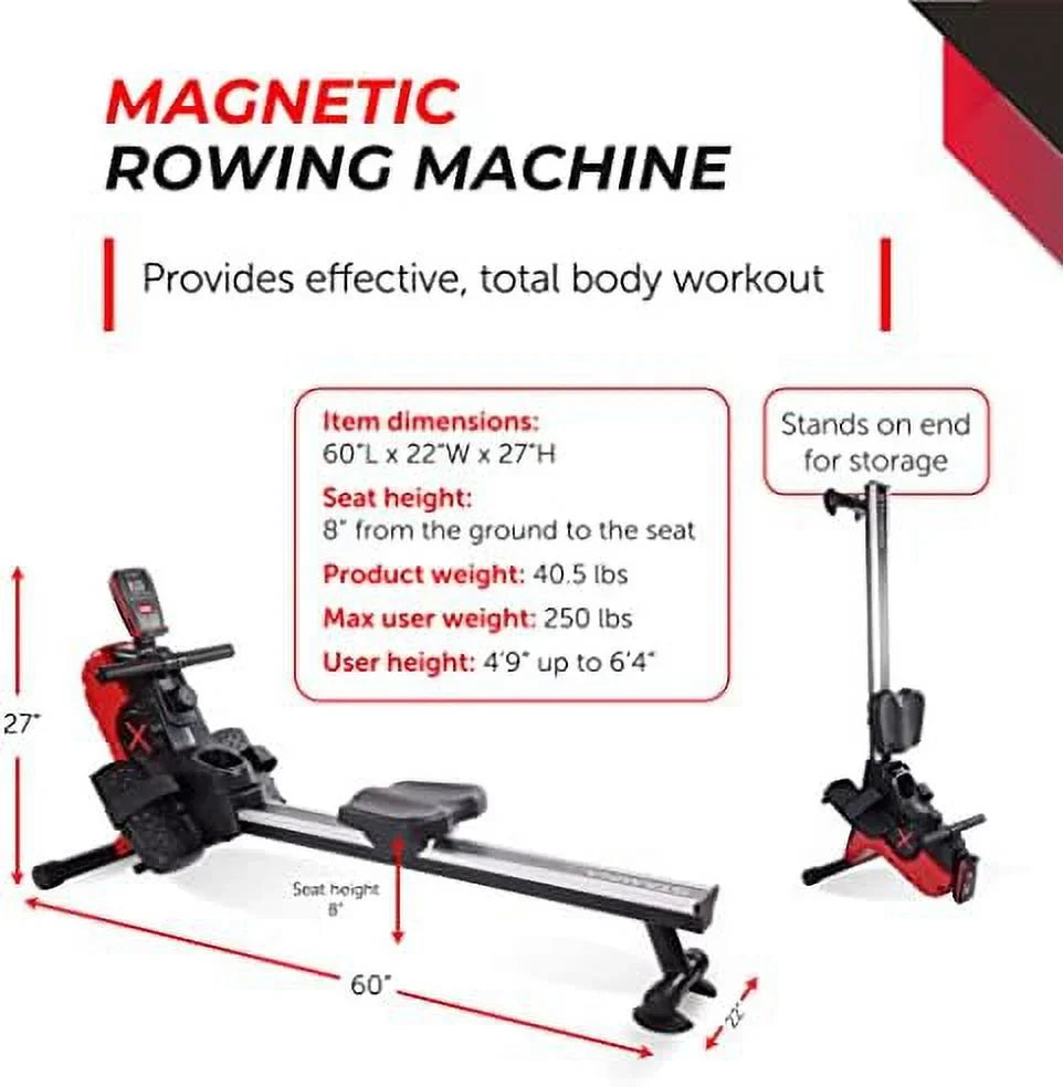 Magnetic Rower - Rower Machine With Workout App - Rowing Machine With Magnetic Resistance For Home Gym Fitness - Up To 250 Lbs Weight Capacity