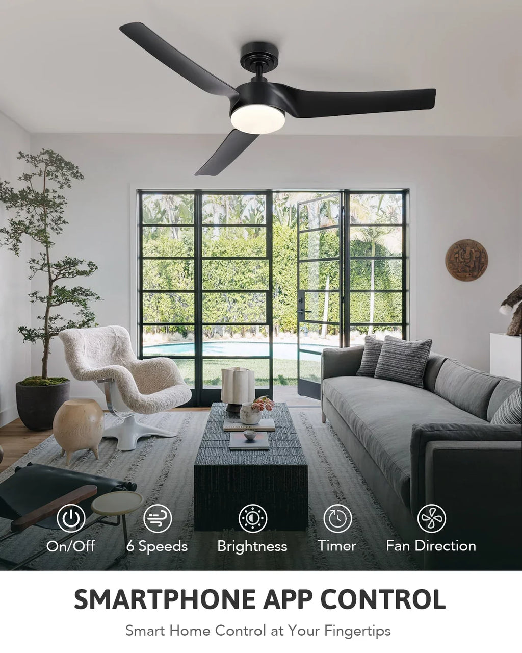 Bestco Modern 52" Smart Ceiling Fan with Dimmable Light Kit & Remote, Black