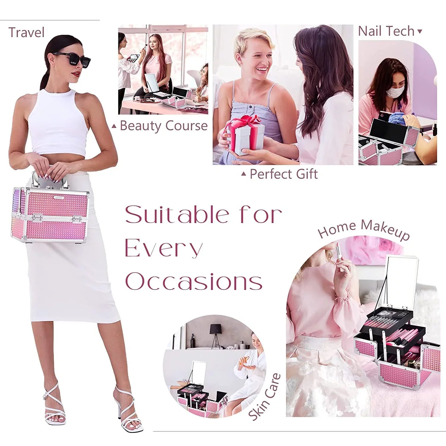 Joligrace Makeup Train Case Cosmetics Box with Mirror Lockable 2 Trays Makeup Case Organizer