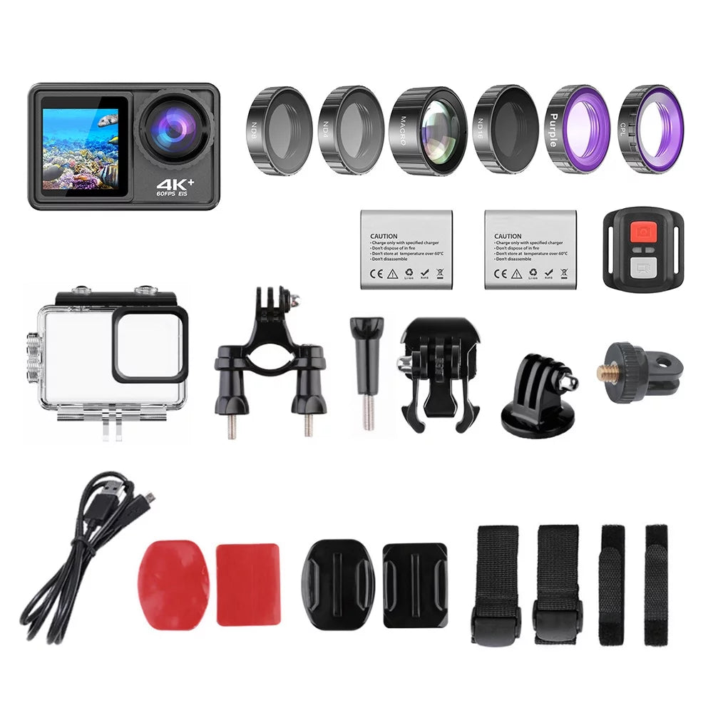 4K 24MP Dual Screen Sport Camera  Camcorder 2.0 Inch Screen 170° Wide Angle  40m Waterproof WiFi with Macro   8 16 Purple Lens for Outdoor Sports