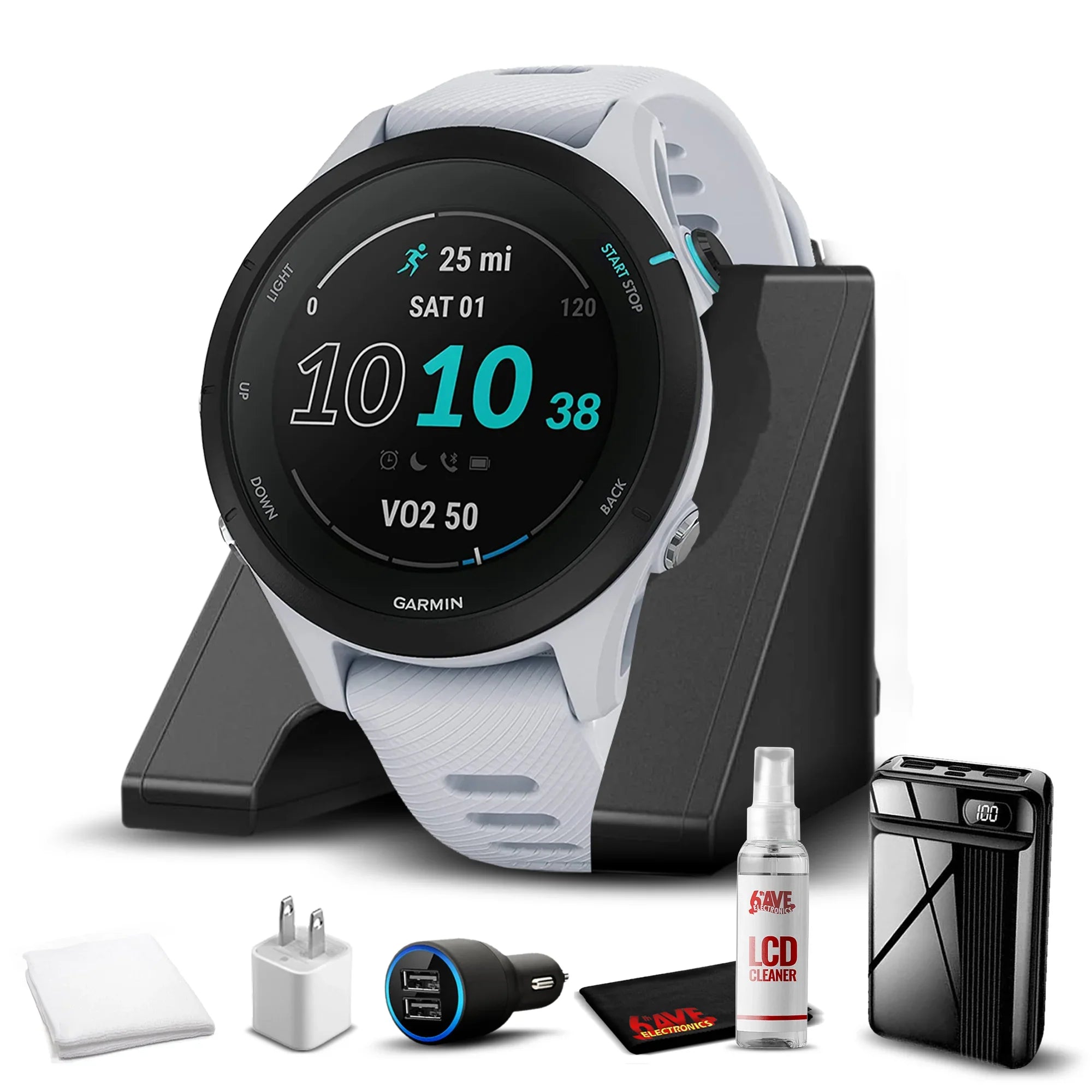 Garmin Forerunner 255S Music, Smaller  Running Smartwatch with Music, Advanced Insights, Long-Lasting Battery, Whitestone with Charging Base, Workout Towel, 6Ave Travel & Cleaning Kit