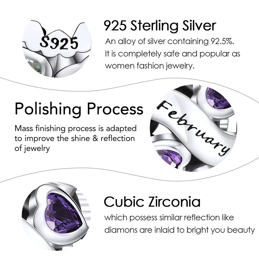 February Birthstone Charms for Pandora Bracelets 925 Sterling Silver Love Heart Openwork Bead Charms