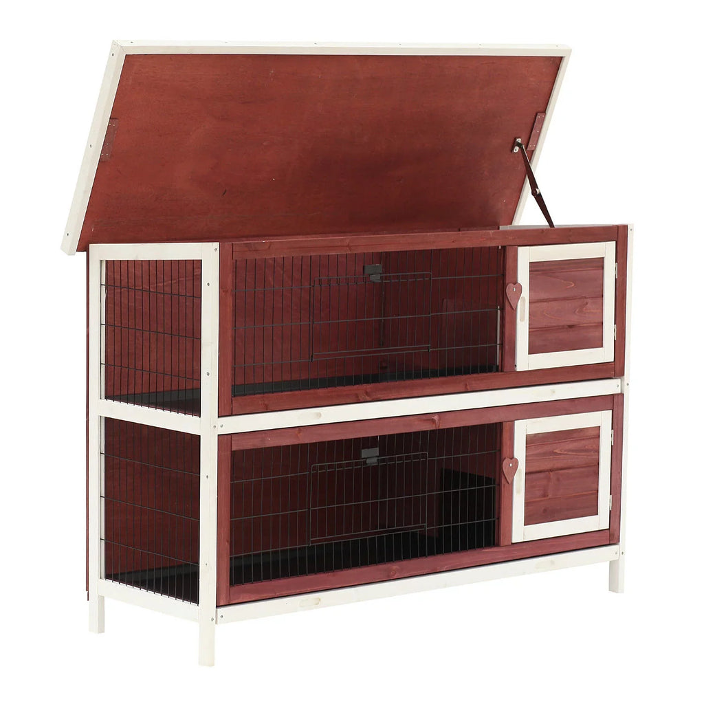 PawHut 54" Elevated Wooden Rabbit Hutch with Fun Enclosed Run And Pull-Out Trays, 2-Story, Weatherproof Stackable