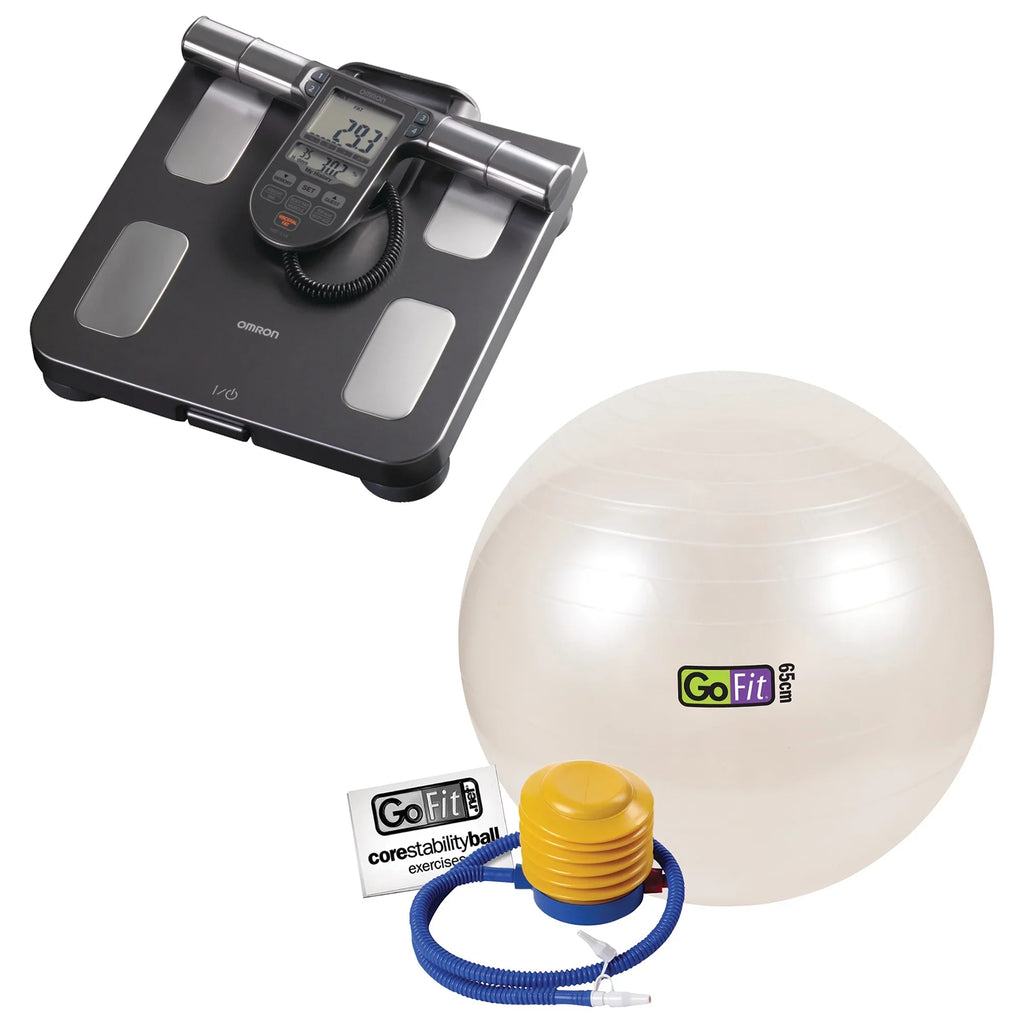 GoFit -65 Ball Exercise Ball with Pump (65 cm; White) and Omron -514C Full-Body Composition Monitor Black Bathroom Scale