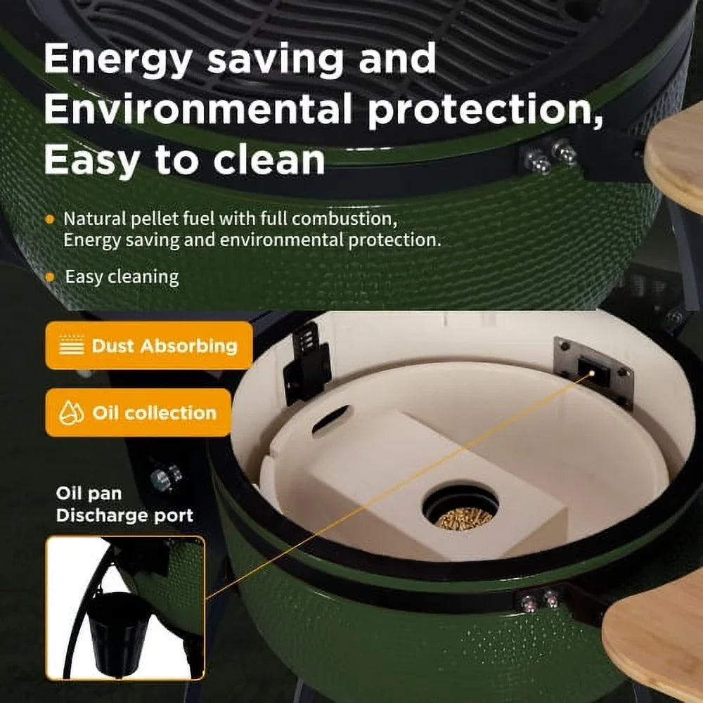 24" Ceramic Pellet Grill with 19.6" diameter Gridiron Double Ceramic Liner 4-in-1 Smoked Roasted  Pan-roasted for Outdoors Patio,Green