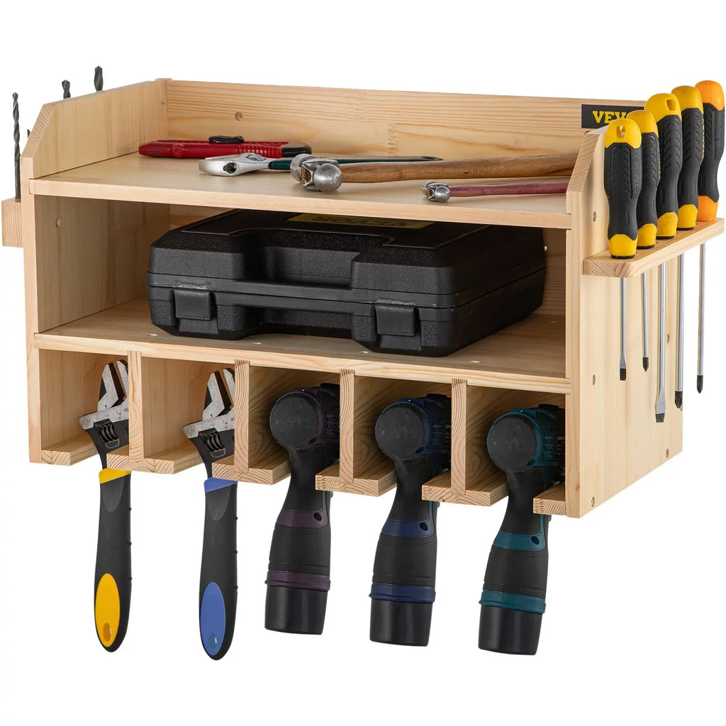 Wall Mount Drill Organizer, 5 Drill Slots, 2-Shelf Tool Storage, Polished Wood