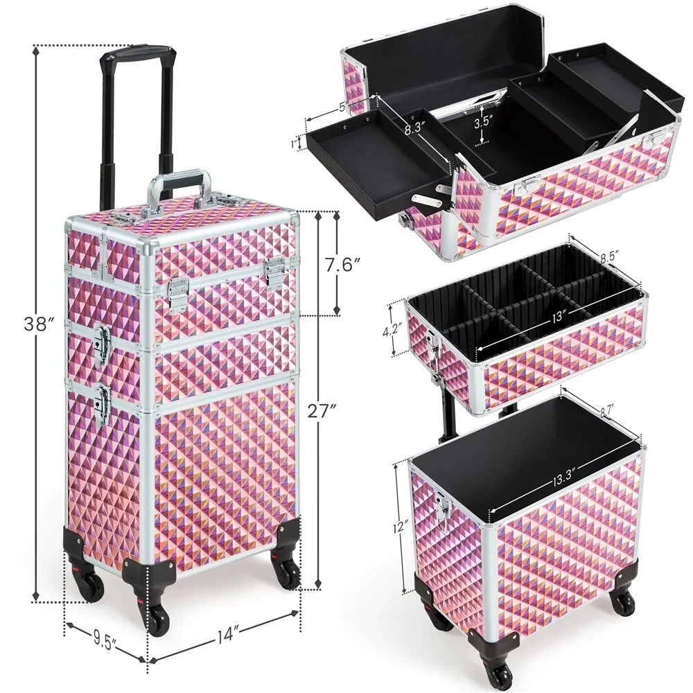 Topeakmart 3-in-1 Rolling Makeup Train Case Cosmetic Trolley with Large Storage, Pink